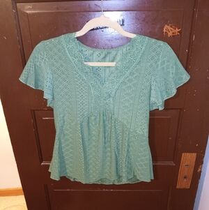 EUC SHEIN Flowy Eyelet Bohemian Green Blouse